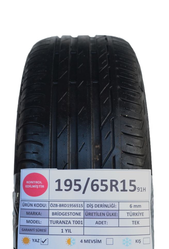 Bridgestone 195/65R15 91H Turanza T001 2.El Tek Yaz Lastiği
