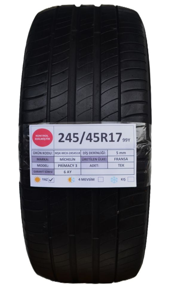 Michelin 245/45R17 99Y Primacy3 2.El Tek Yaz Lastiği