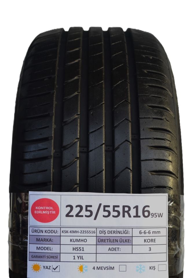 Kumho 225/55R16 95W HS51 2.El 3Adet Yaz Lastiği