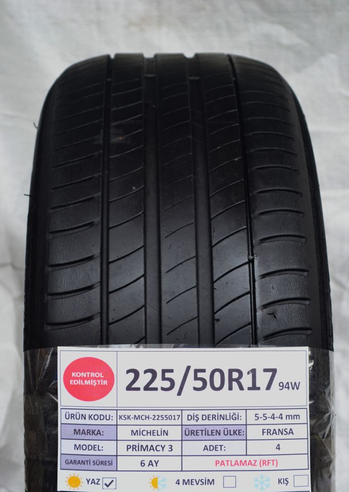 Michelin 225/50R17 94W RFT Primacy3 2.El Takım Yaz Lastiği