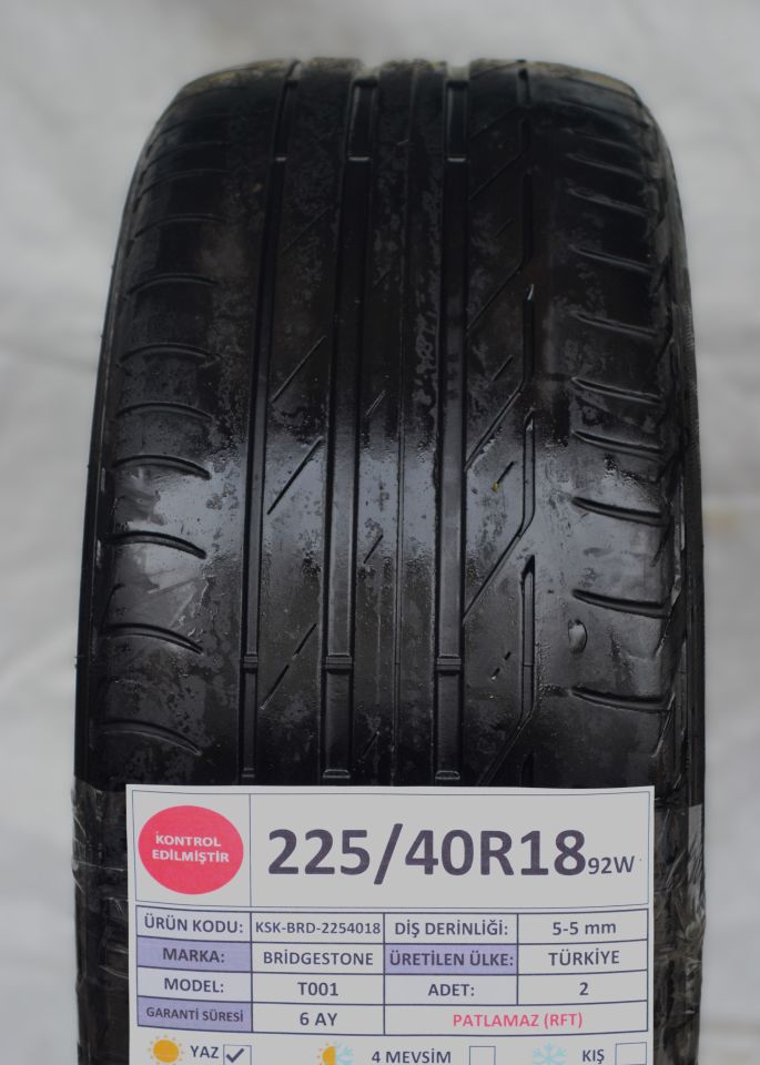 Bridgestone 225/40R18 92W RFT T001 2.El Çift Yaz Lastiği