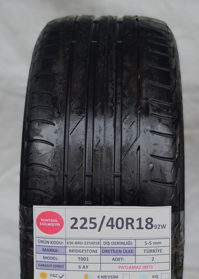 Bridgestone 225/40 R18 T 001 92W RFT Yaz 2. El Lastik Çift