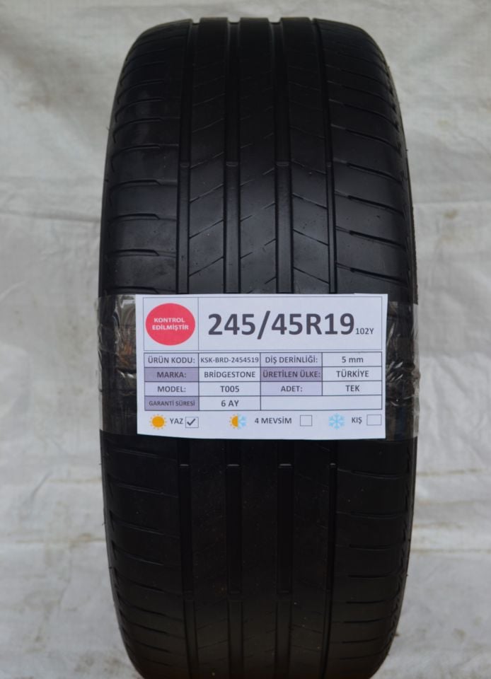 Bridgestone 245/45R19 102Y T005 2.El Tek Yazlık Çıkma Lastik 2022