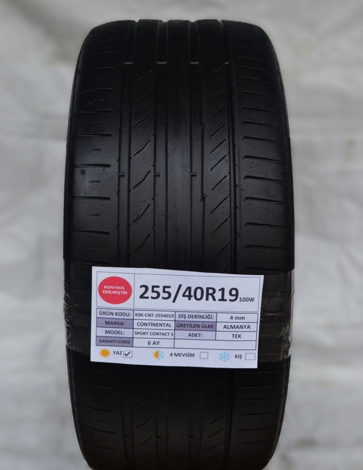 Continental 255/40R19 100W SportContact5 2.El Tek Yazlık Çıkma Lastik