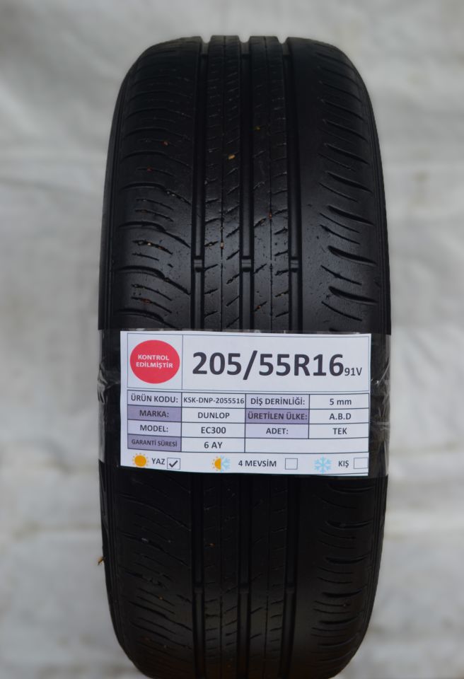 Dunlop 205/55R16 91V EC300 2.El Tek Yazlık Çıkma Lastik