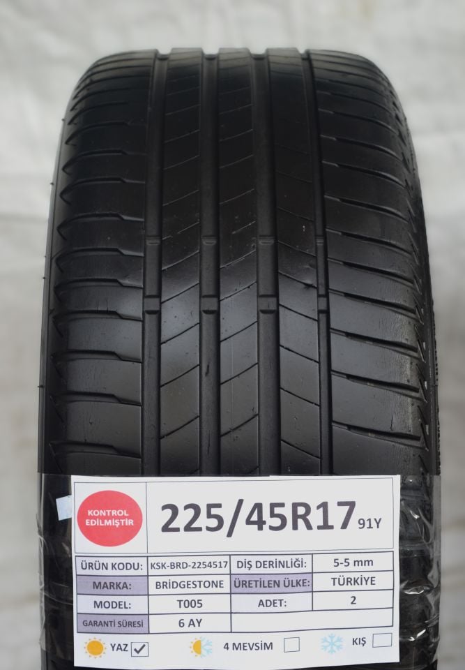 Bridgestone 225/45R17 91Y Turanza T005 2.El Çift Çıkma Yaz Lastiği 