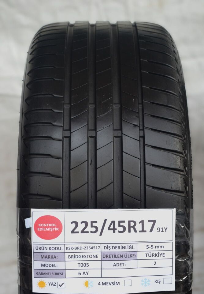 Bridgestone 225/45 R17 Turanza T 005 91Y Yaz 2. El Lastik Çift