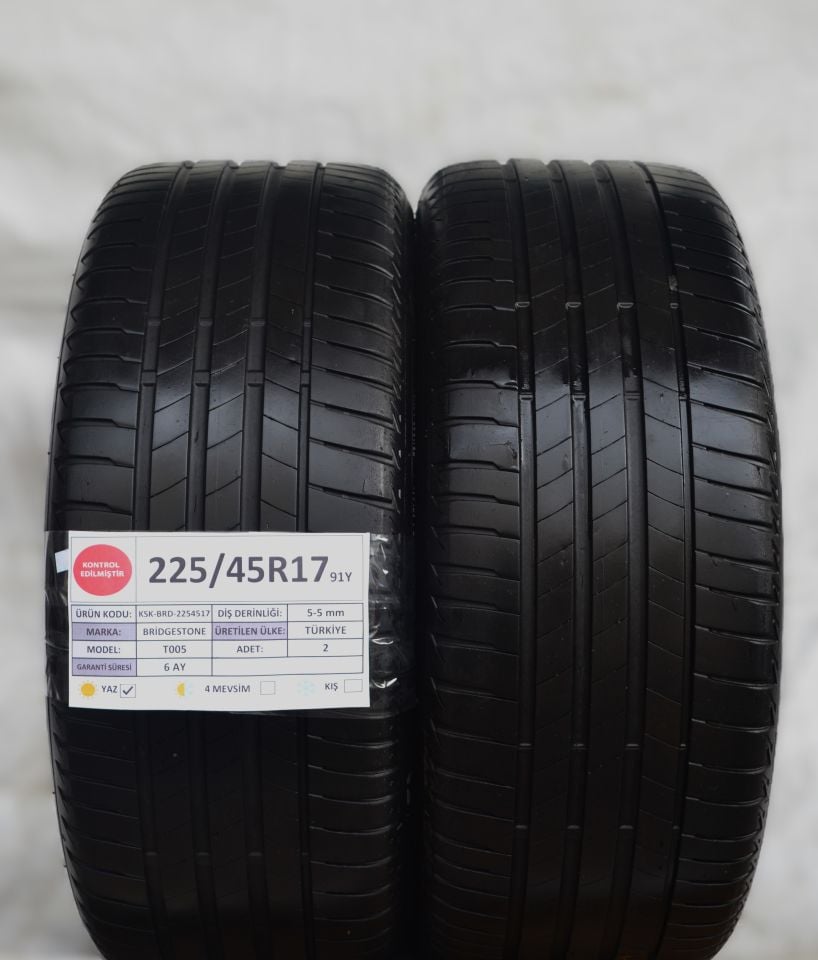 Bridgestone 225/45R17 91Y Turanza T005 2.El Çift Çıkma Yaz Lastiği 
