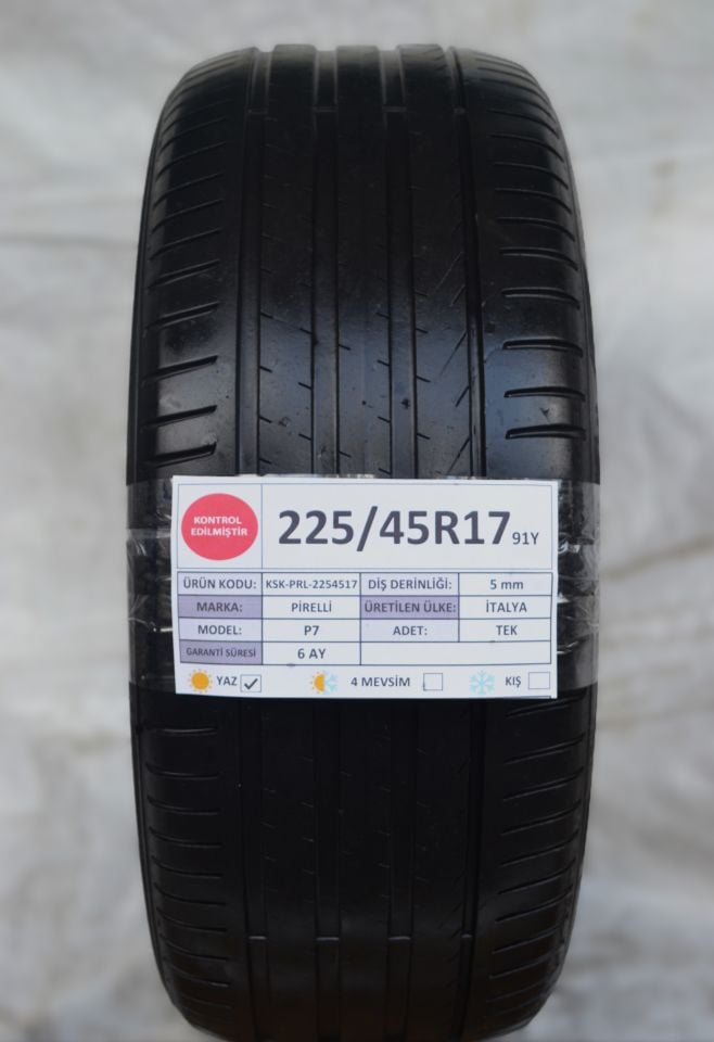Pirelli 225/45R17 91Y P7 2.El Tek Yaz Çıkma Lastik 2021 5mm
