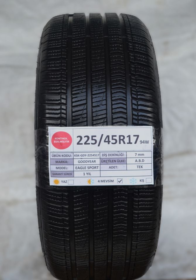 Goodyear 225/45R17 94W Eagle Sport 2.El Dört Mevsim Çıkma Tek Lastik 2022 7mm