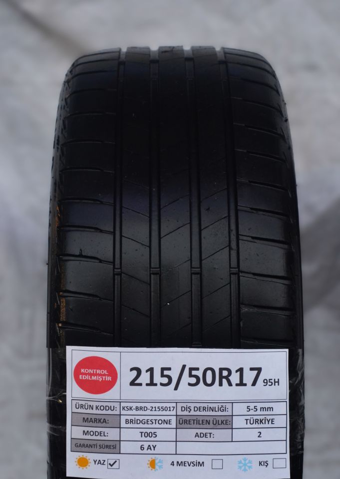 Bridgestone 215/50R17 95H T005 2.El Çift Çıkma Yaz Lastiği 5mm 2020