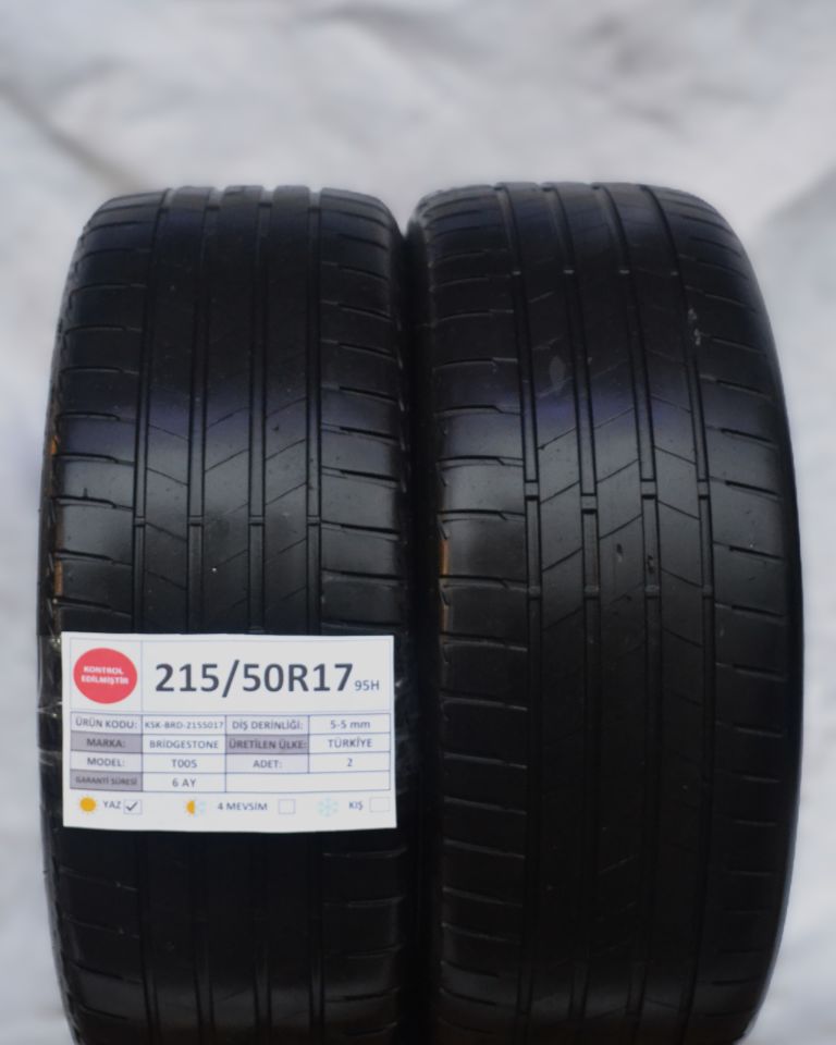 Bridgestone 215/50R17 95H T005 2.El Çift Çıkma Yaz Lastiği 5mm 2020
