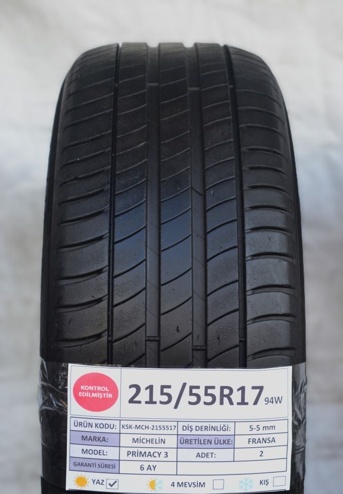 Michelin 215/55R17 94W Primacy3 2.El Çift Yaz Lastiği 2020 5mm 