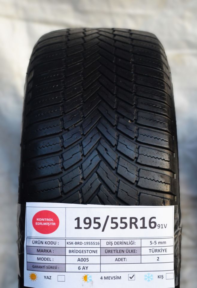 Bridgestone 195/55R16 91V A005 2.El Çift 4Mevsim Lastik 2022