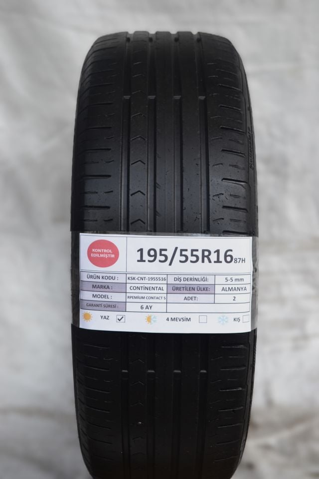 Continental 195/55R16 87H PremiumContact5 2.El Çift Yaz Lastiği 2021 5mm