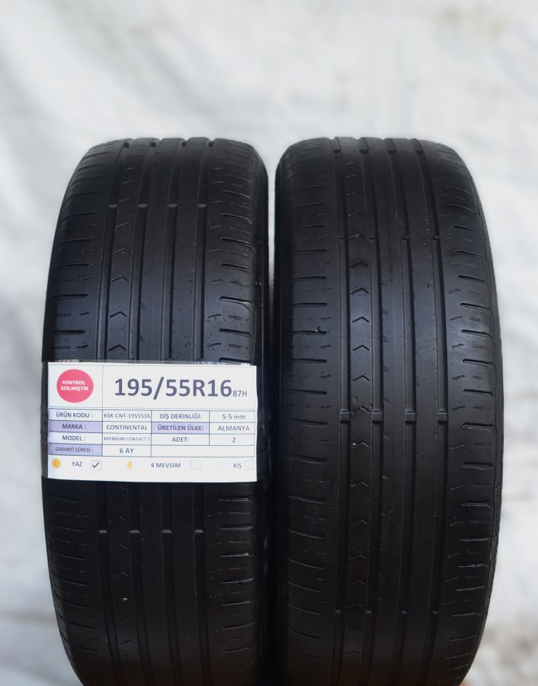 Continental 195/55R16 87H PremiumContact5 2.El Çift Yaz Lastiği 2021 5mm