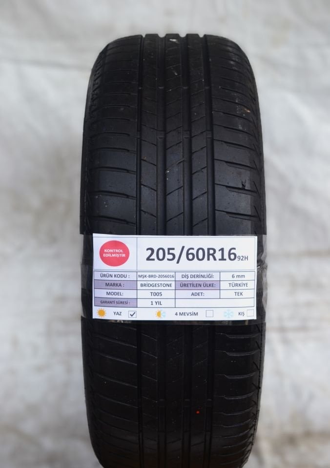 Bridgestone 205/60R16 92H T005 2.El Tek Yaz Lastiği 6mm 2022