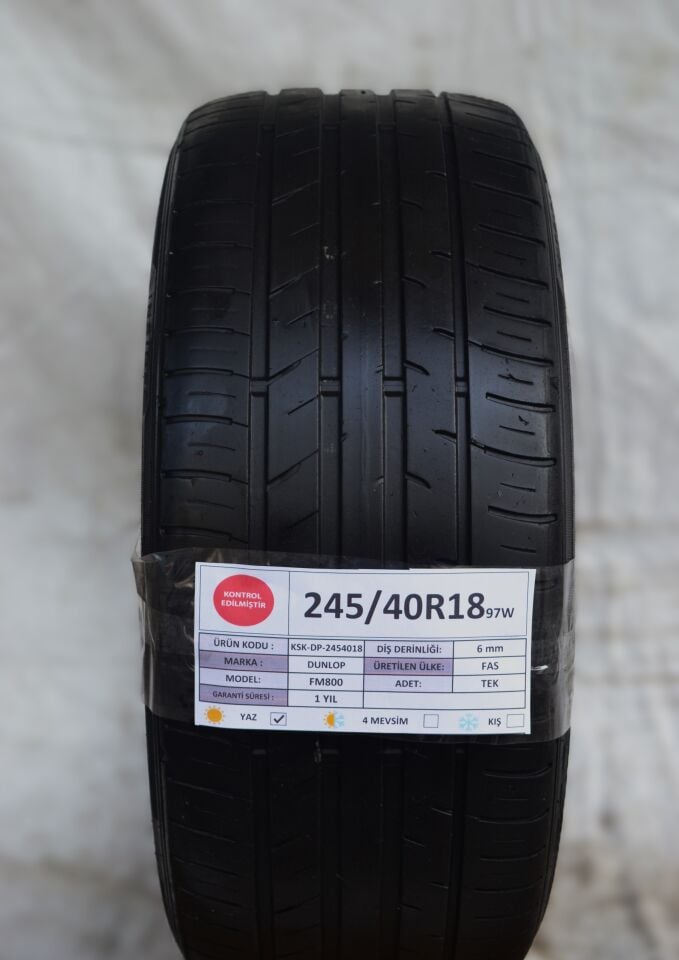 Dunlop 245/40R18 97W FM800 2.El Tek Yaz Lastiği 2018 6mm