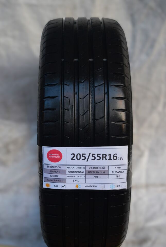 Continental 205/55R16 91V PremiumContact7 2.El Tek Yaz Lastiği 7mm 2023
