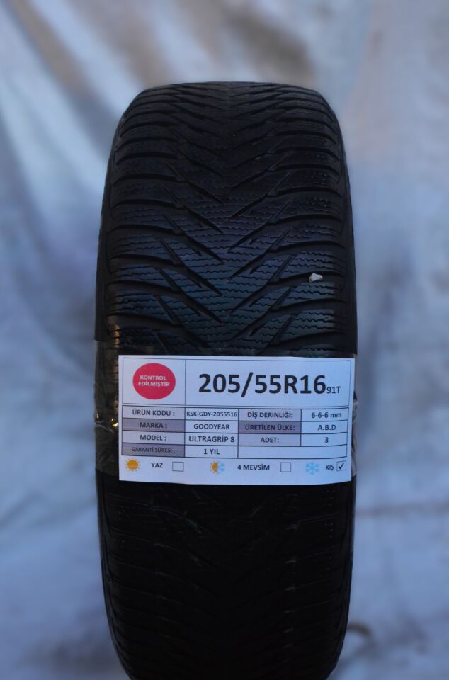 Goodyear 205/55R16 91T UltraGrip 8 2.El 3Adet Kış Lastiği 2021 6mm