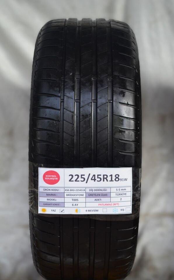 Bridgestone 225/45R18 91W RFT T005 2.El Çift Yaz Lastiği 2023