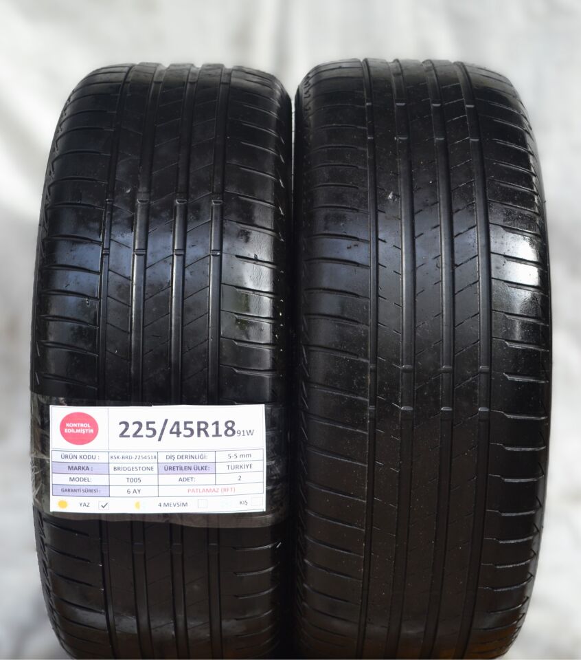 Bridgestone 225/45R18 91W RFT T005 2.El Çift Yaz Lastiği 2023
