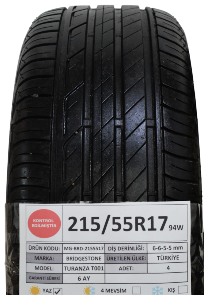 Bridgestone 215/55R17 94W Turanza T001 2.El Takım Yaz Lastiği